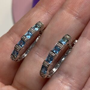 💛 Classic 14k White Gold Diamond & Blue Topaz Lever Back Hoop Earrings